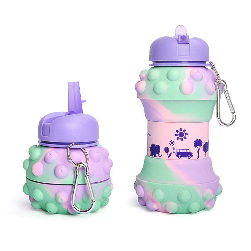 Kids Pop It Collapsible Silicone Water Bottle - Green and Purple