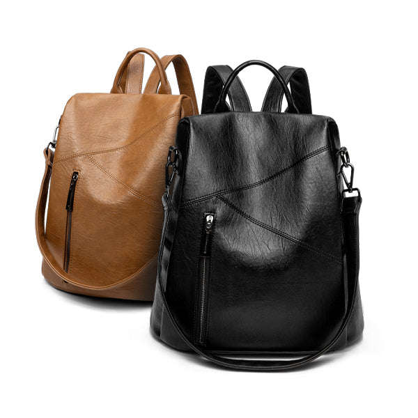 Ladies 3-Way Anti-Theft PU Leather Zipper Backpack - 1993