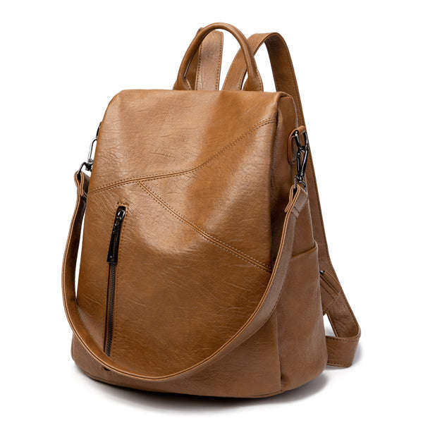 Ladies 3-Way Anti-Theft PU Leather Zipper Backpack - 1993
