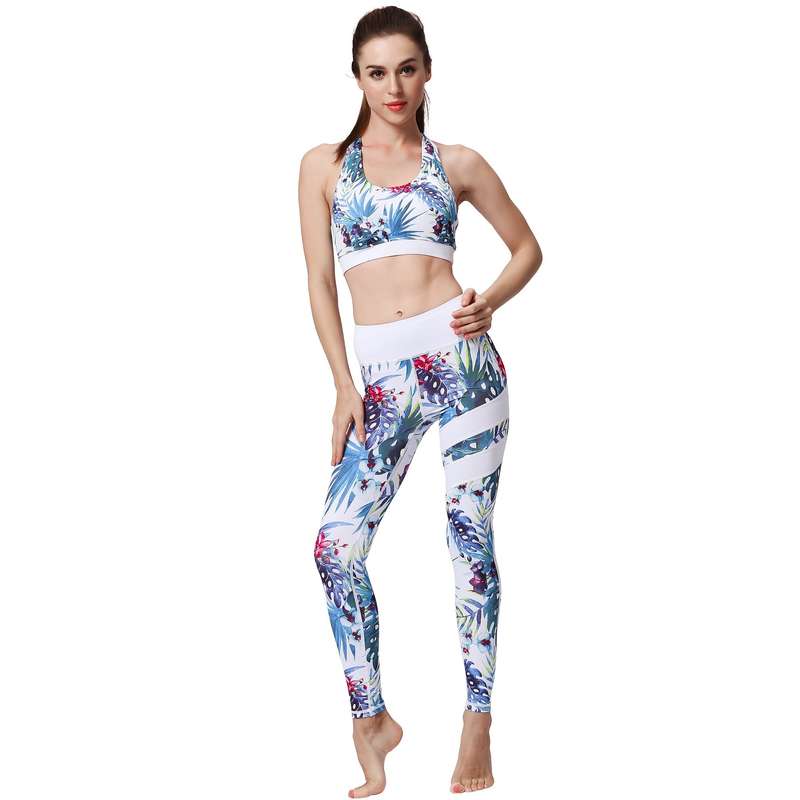 Ladies Blue and White Tropical Yoga Set Activewear | HK203