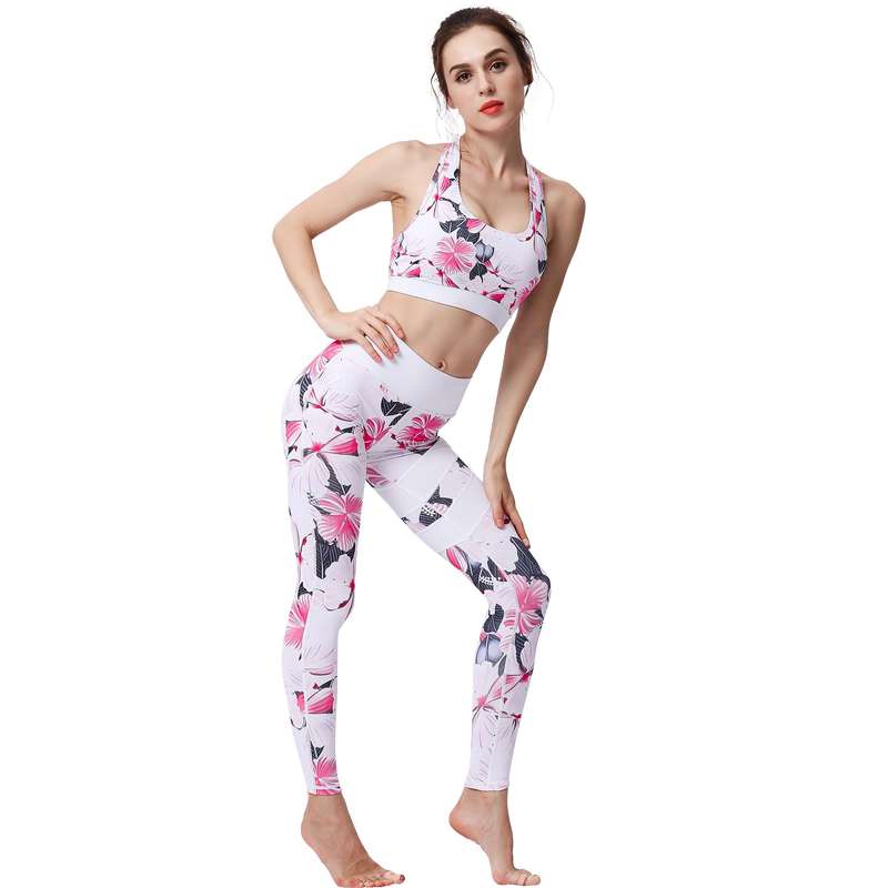 Ladies White Floral Yoga Set Activewear | HK211