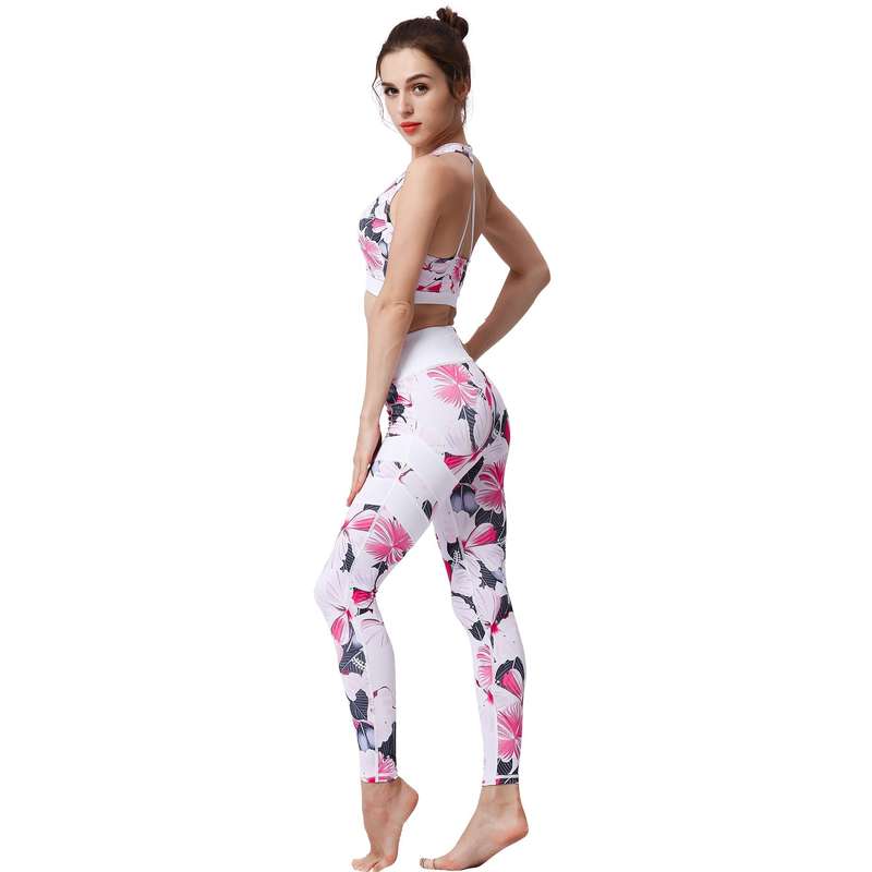 Ladies White Floral Yoga Set Activewear | HK211