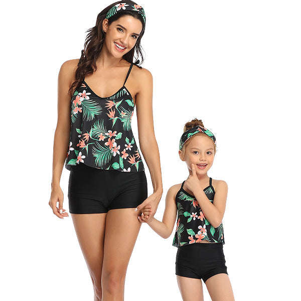 Matching Mom or Daughter Black Tropical Print Boyleg Two-Piece Swimwear