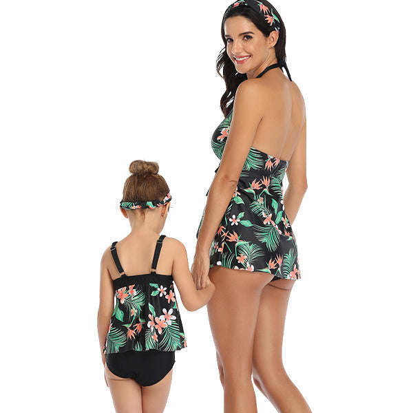 Matching Mom or Daughter Black Tropical Two-Piece Swimwear
