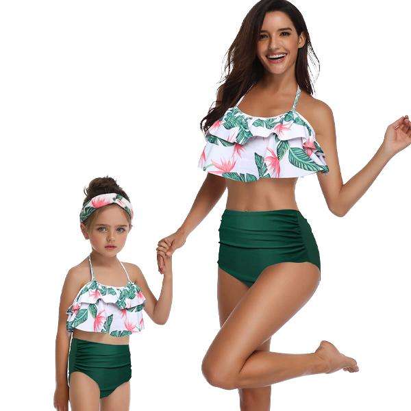 Matching Mom or Daughter Green Floral Print Two-Piece Bikini
