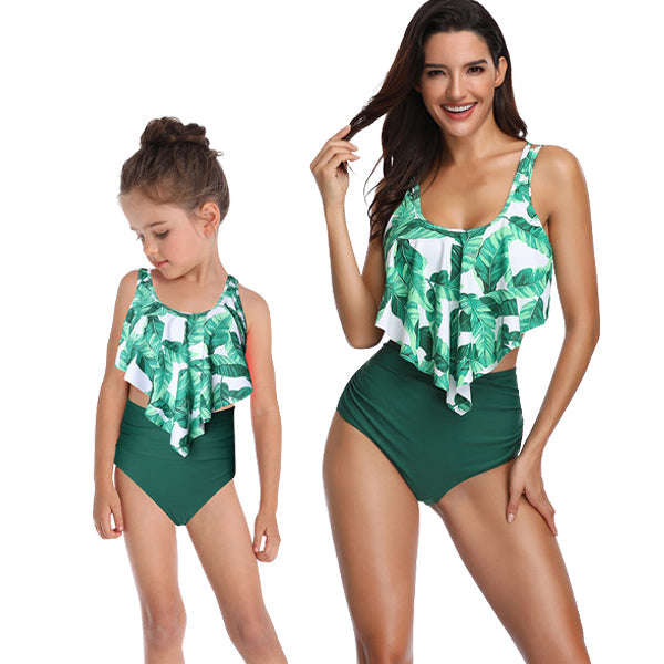 Matching Mom or Daughter Green Leaf Tone Two-Piece Bikini