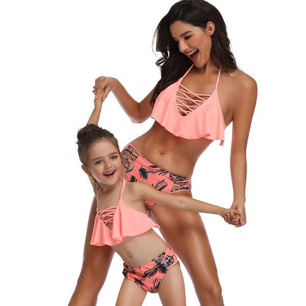 Matching Mom or Daughter Peach Floral Sexy Print Two-Piece Bikini