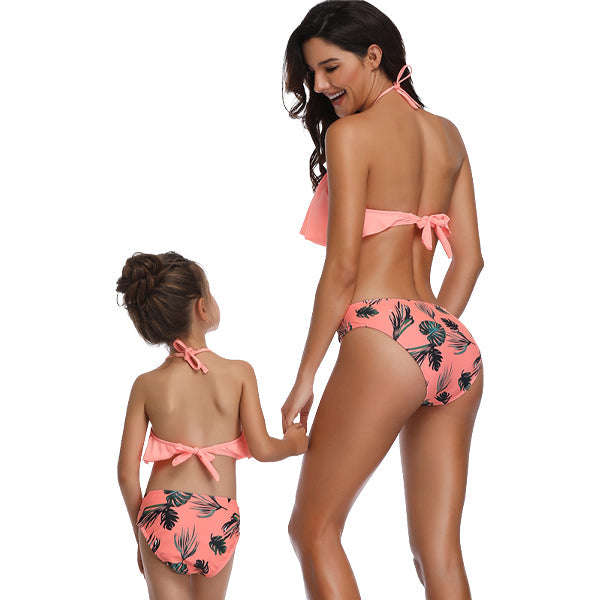 Matching Mom or Daughter Peach Floral Sexy Print Two-Piece Bikini