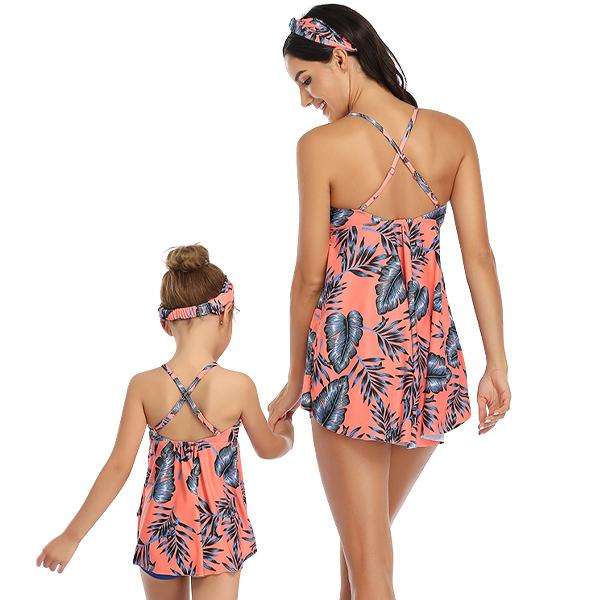 Matching Mom or Daughter Peach Tropical Print Boyleg Two-Piece Swimwear