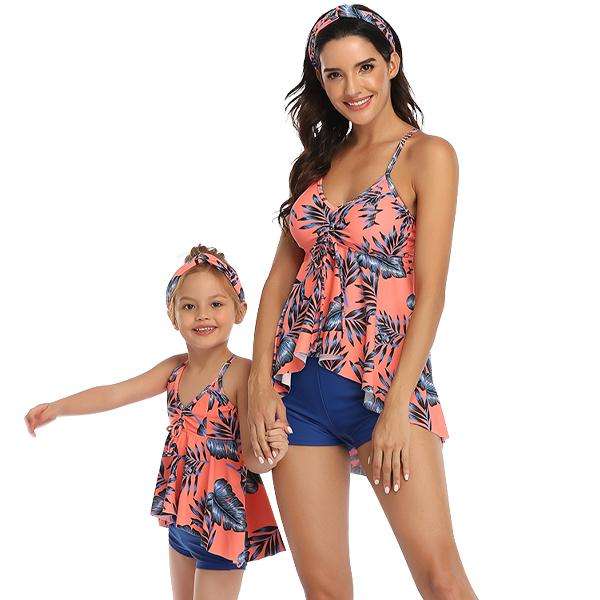 Matching Mom or Daughter Peach Tropical Print Boyleg Two-Piece Swimwear