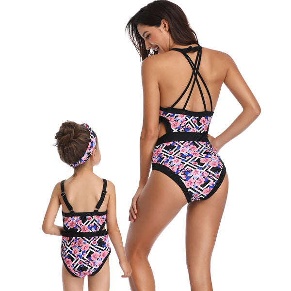 Matching Mom or Daughter Pink Floral Print One-Piece Swimwear