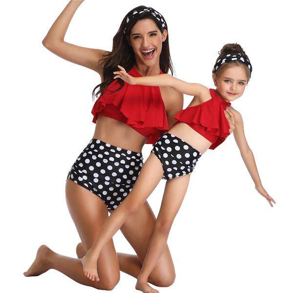 Matching Mom or Daughter Red Polka Dot Print Two-Piece Bikini
