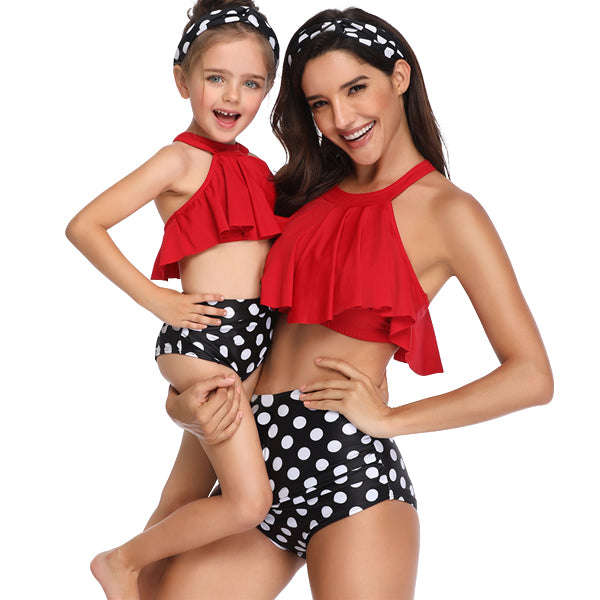 Matching Mom or Daughter Red Polka Dot Print Two-Piece Bikini