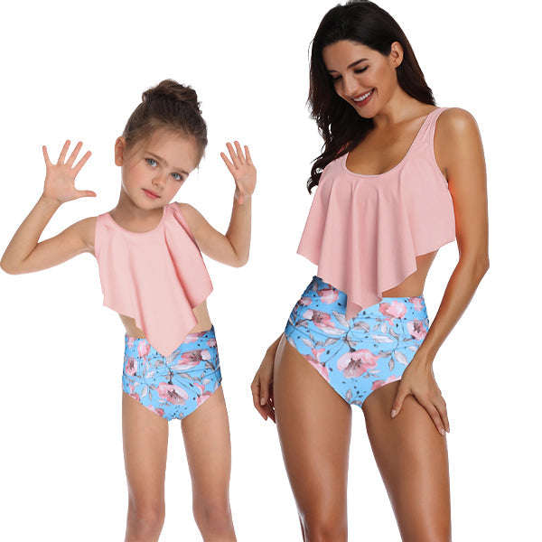 Matching Mom or Daughter Soft Pink and Blue Floral Two-Piece Bikini
