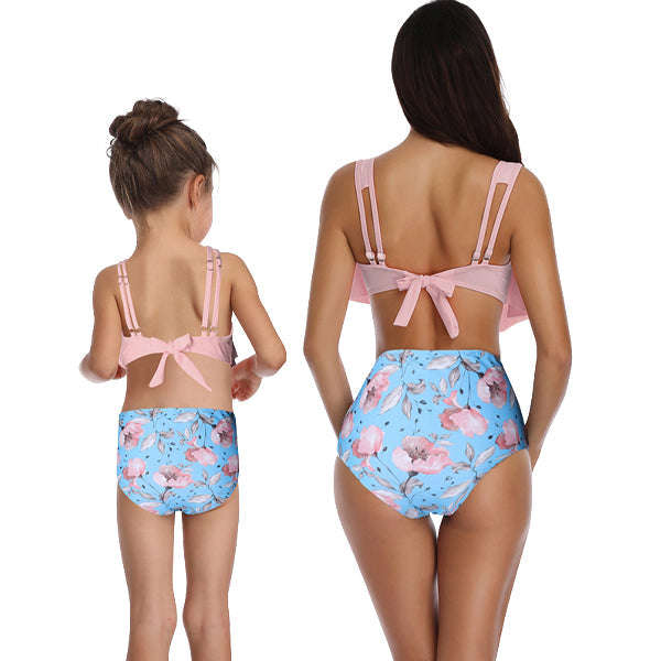 Matching Mom or Daughter Soft Pink and Blue Floral Two-Piece Bikini