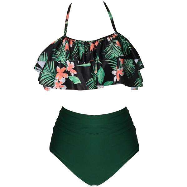 Mom or Daughter Matching Black Tropical Frill Two-Piece Bikini