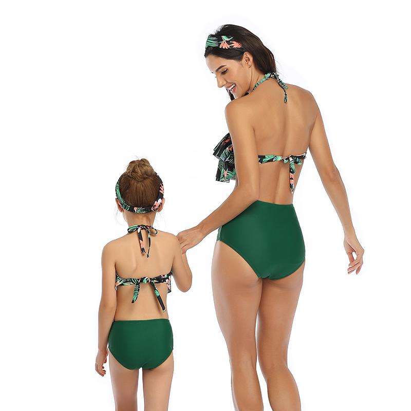 Mom or Daughter Matching Black Tropical Frill Two-Piece Bikini