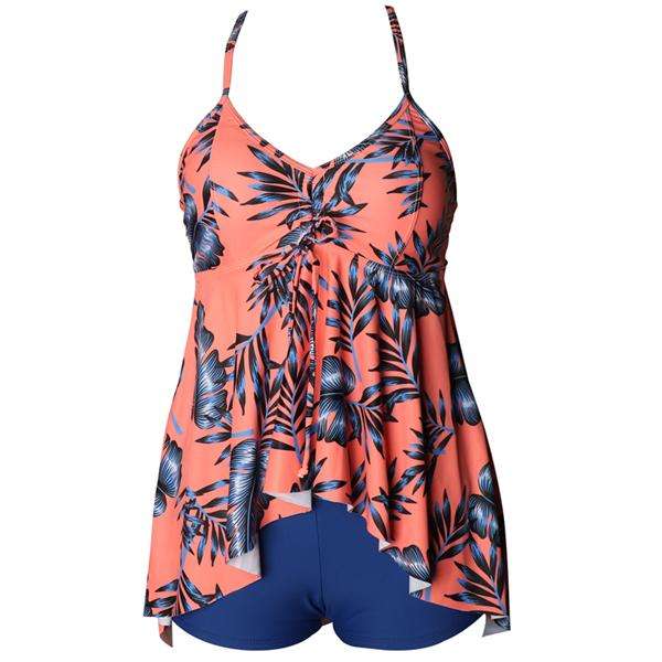 Matching Mom or Daughter Peach Tropical Print Boyleg Two-Piece Swimwear