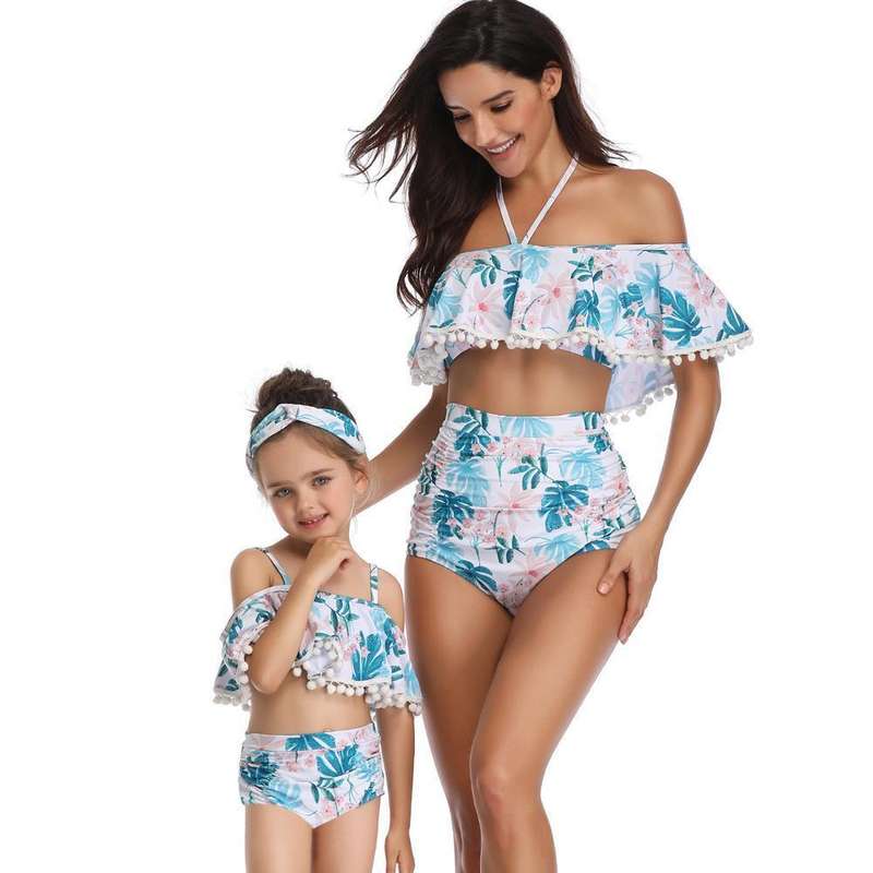Matching Mom or Daughter Blue Fern Print Off Shoulder Two-Piece Bikini