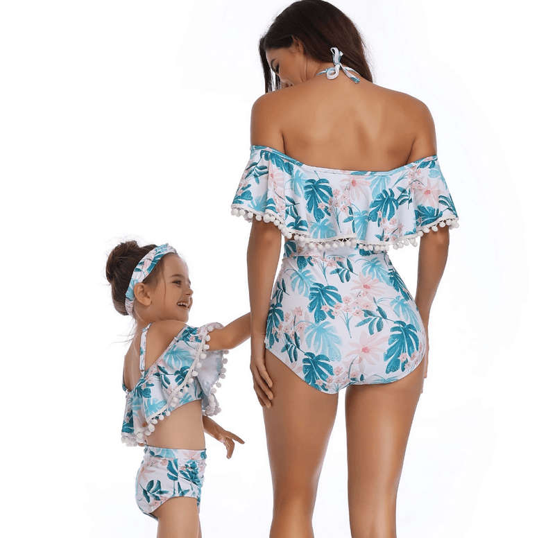 Matching Mom or Daughter Blue Fern Print Off Shoulder Two-Piece Bikini