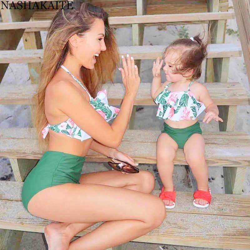 Matching Mom or Daughter Green Floral Print Two-Piece Bikini