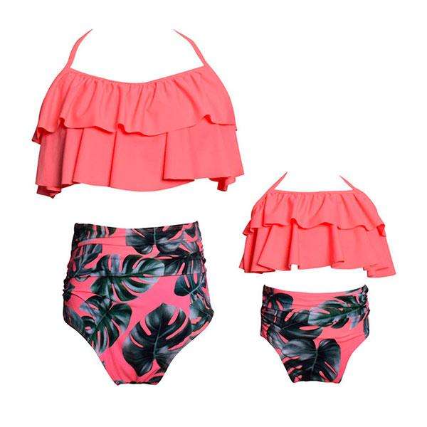 Matching Mom or Daughter Peach Leafy Print Two-Piece Bikini