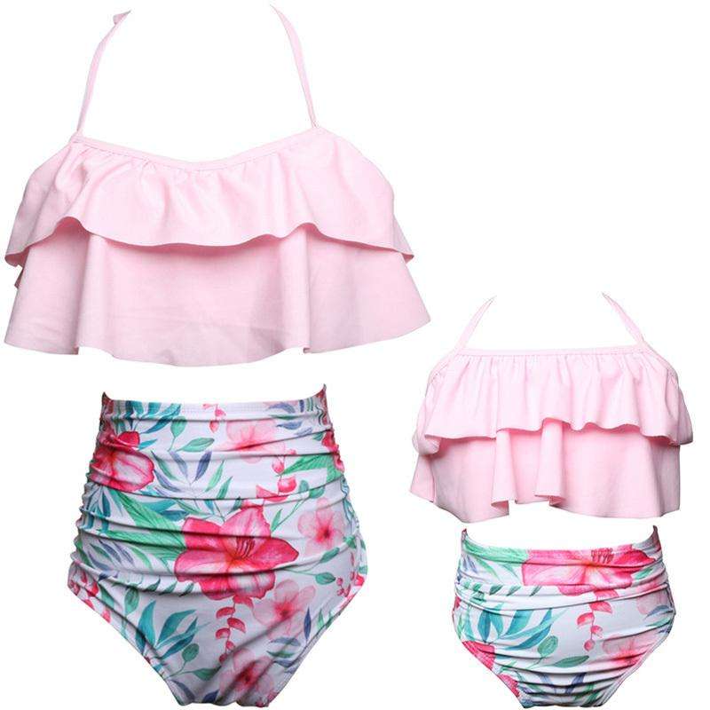 Matching Mom or Daughter Pink Botanical Print Two-Piece Bikini