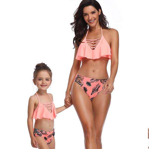 Matching Mom or Daughter Peach Floral Sexy Print Two-Piece Bikini