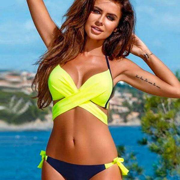 Sexy Padded Criss-Cross Bikini Set Swimsuit in Neon Yellow - M