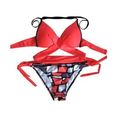Sexy Padded Criss-Cross Bikini Set Swimsuit in Red - L