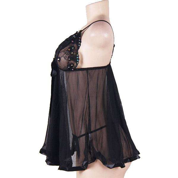 Sexy Sheer Lace Babydoll With G String Lingerie-Medium- Black - E20731