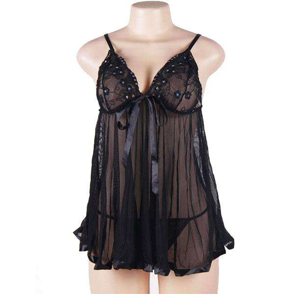 Sexy Sheer Lace Babydoll With G String Lingerie-Medium- Black - E20731