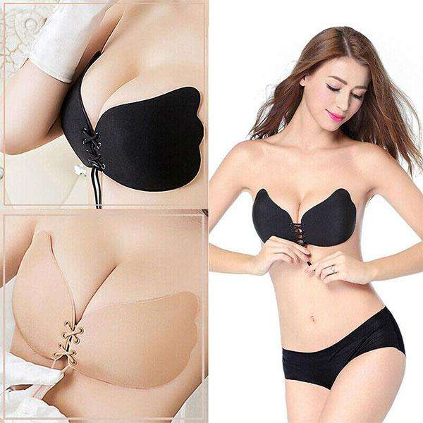 Strapless Backless Adhesive Invisible Push-up Reusable Butterfly Bra - Black