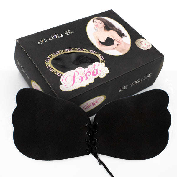 Strapless Backless Adhesive Invisible Push-up Reusable Butterfly Bra - Black