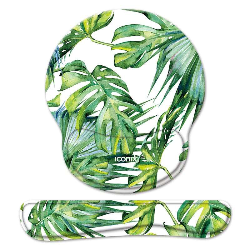 Tropical Leaf Mouse Pad with Wrist Support and Keyboard Wrist Support Set