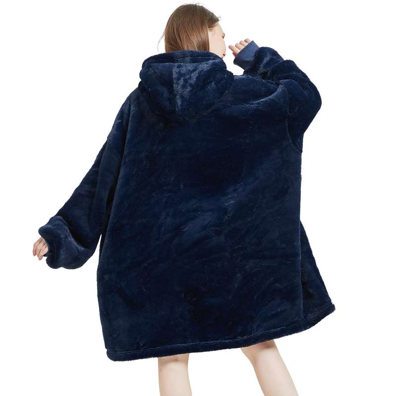 Unisex Navy Blue Oversized Plush Hooded Blanket