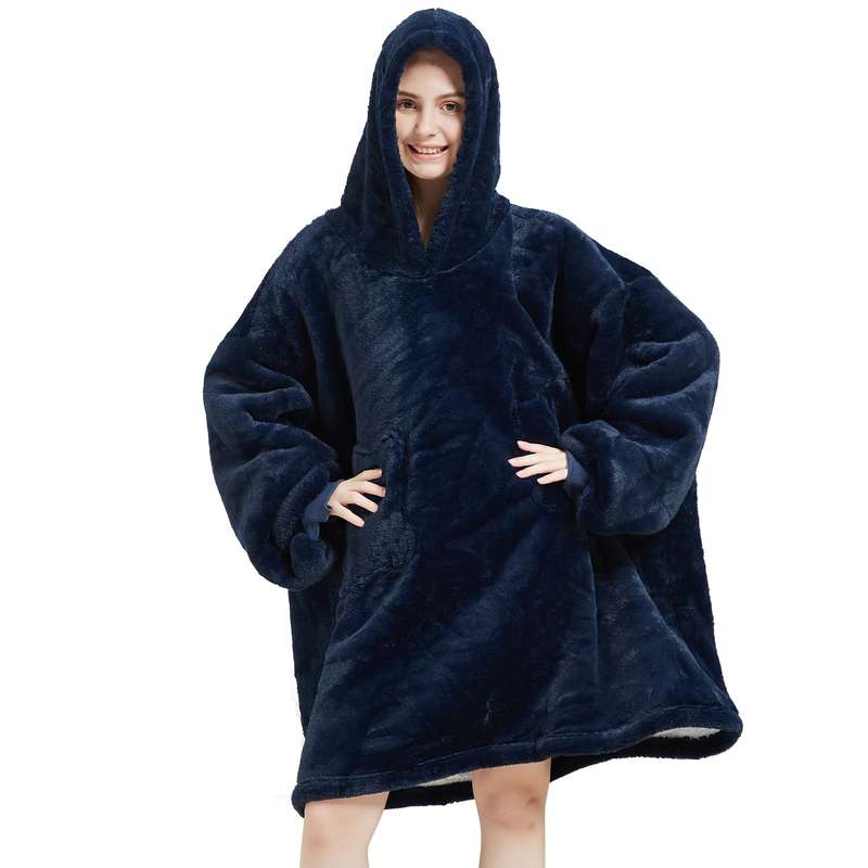 Unisex Navy Blue Oversized Plush Hooded Blanket
