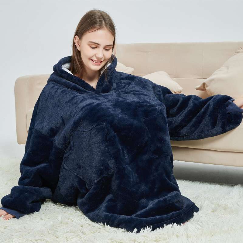 Unisex Navy Blue Oversized Plush Hooded Blanket