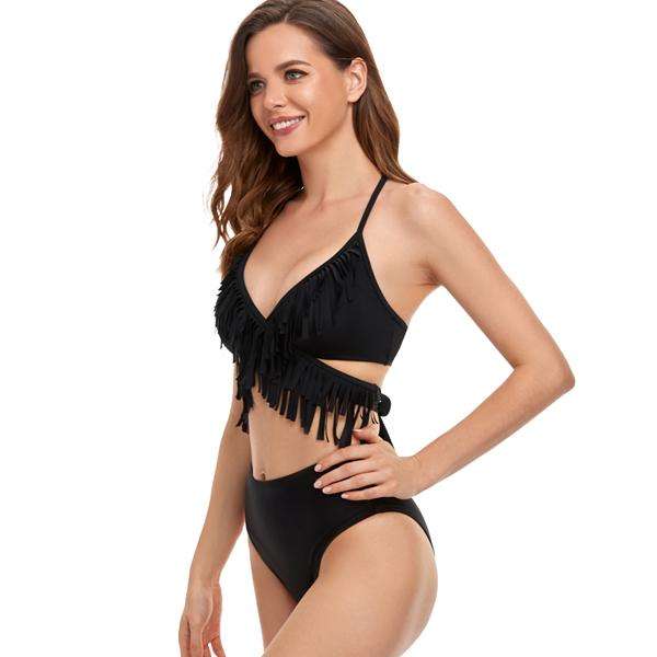 Women's Black Fringe Crossover Two-piece Bikini