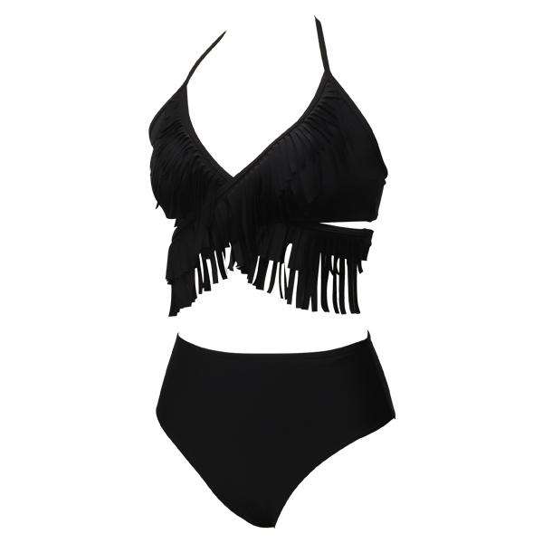 Women's Black Fringe Crossover Two-piece Bikini