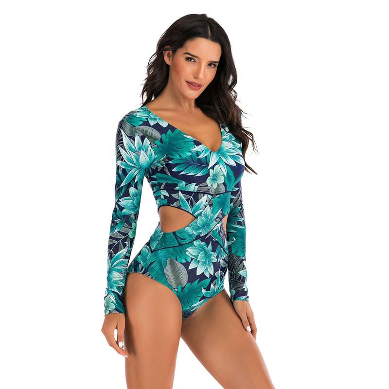Women's Criss-Cross Blue Long Sleeve Zip Swimwear - L