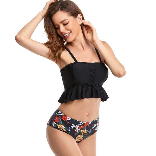 Women's Floral Bold Black Two-piece Bikini