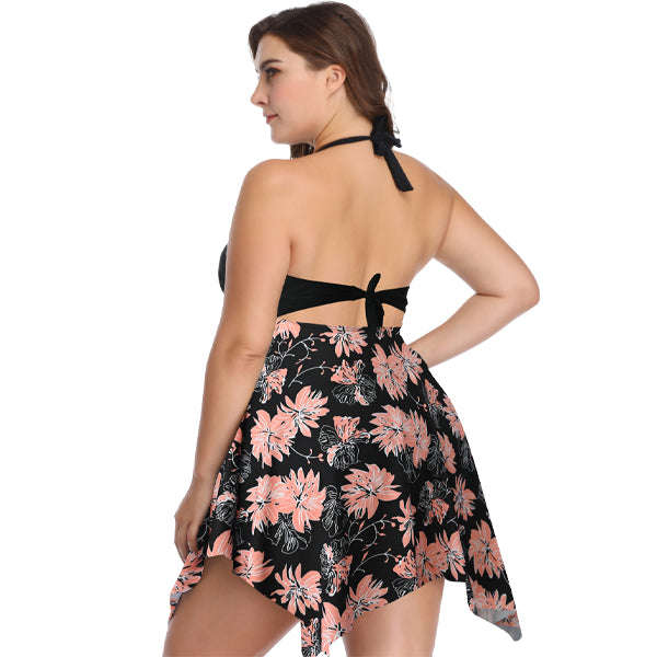 Women's Plus Size Black and Coral Flair Two-Piece Swimsuit