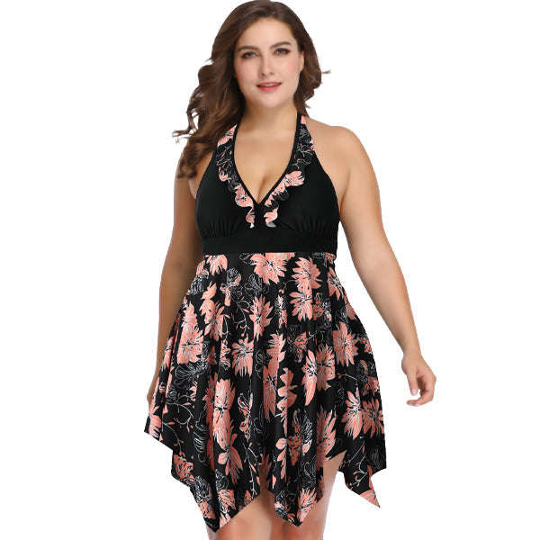 Women's Plus Size Black and Coral Flair Two-Piece Swimsuit