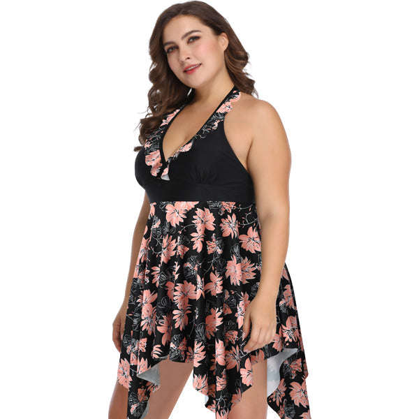 Women's Plus Size Black and Coral Flair Two-Piece Swimsuit