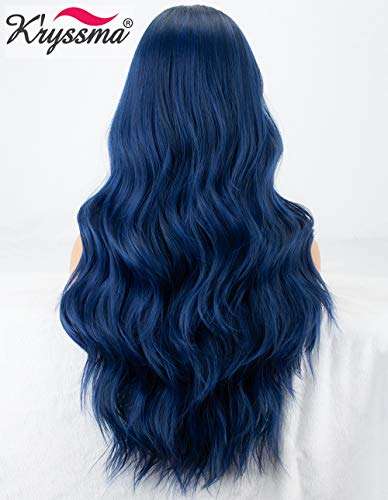 K'ryssma Blue Ombre Lace Front Wig Glueless Long Wavy Dark Blue Synthetic Wig with Dark Roots...