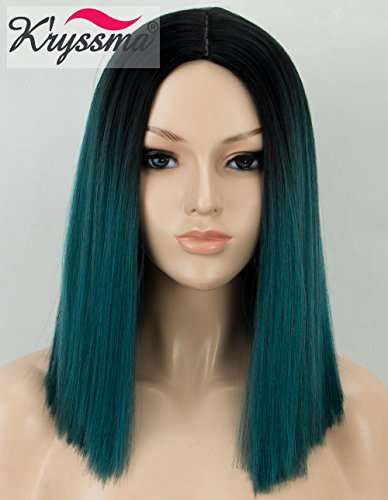 Kryssma Ombre Green Synthetic Wig with Black Roots, Short Bob Wig with Middle Parting Dark Green...
