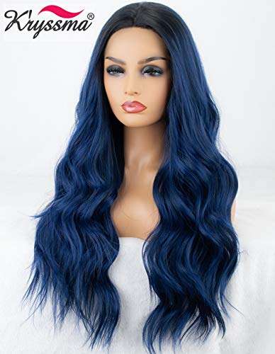 K'ryssma Blue Ombre Lace Front Wig Glueless Long Wavy Dark Blue Synthetic Wig with Dark Roots...