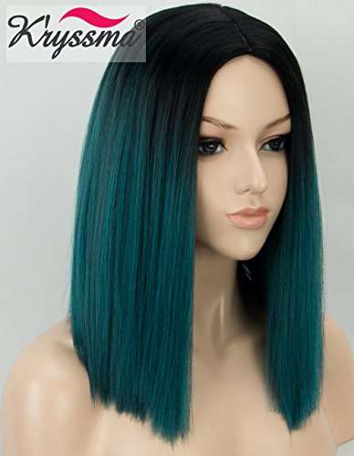 Kryssma Ombre Green Synthetic Wig with Black Roots, Short Bob Wig with Middle Parting Dark Green...