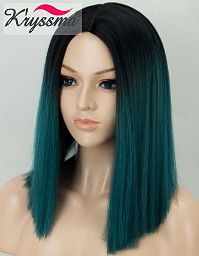 Kryssma Ombre Green Synthetic Wig with Black Roots, Short Bob Wig with Middle Parting Dark Green...